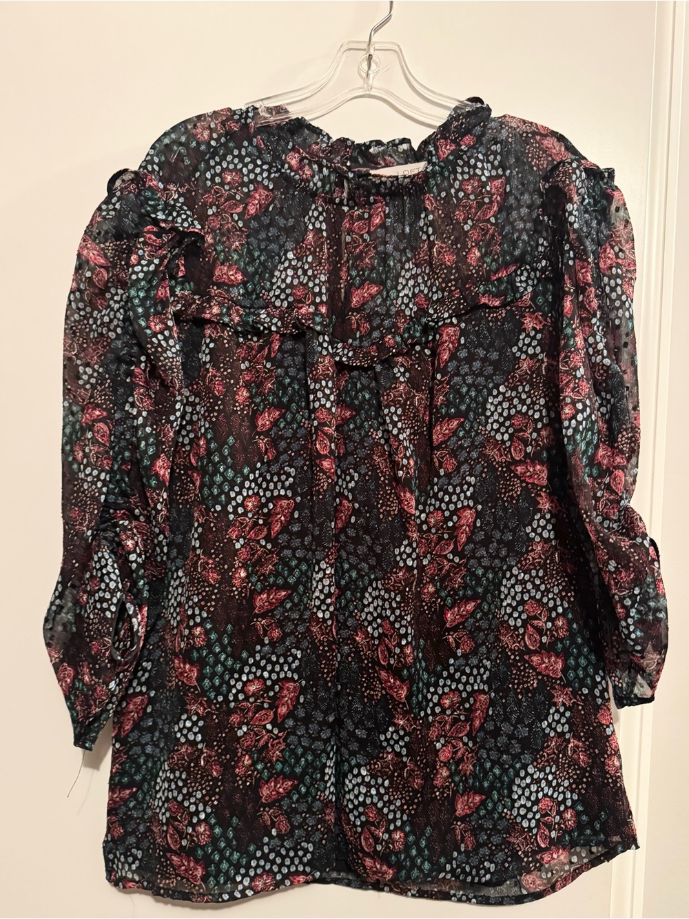 LOFT Black Floral Ruffle Blouse with Pink Accents